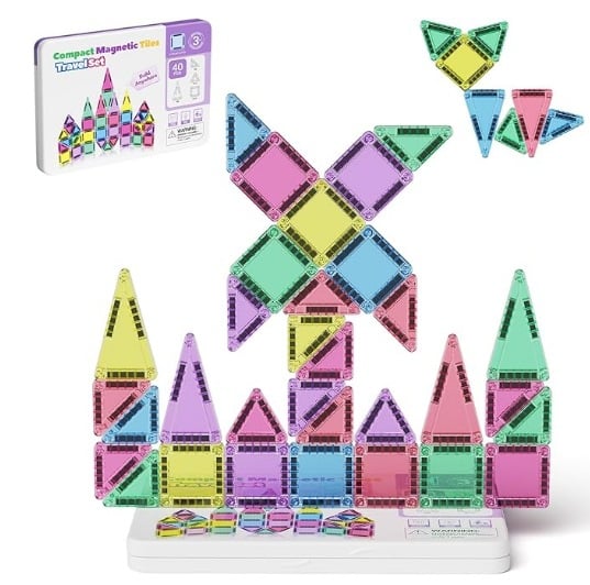 🎁Big Sale 🔥🧲42-Piece Mini Magnetic Tiles Travel Set with Metal Storage Box - Portable STEM Building Blocks