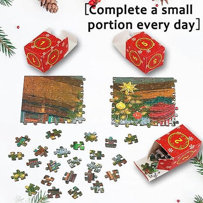 ✨Christmas Countdown Calendar Jigsaw Puzzle – 1000pcs Festive Daily Surprise Puzzle with 24 Holiday Boxes | Cozy Village Scene for Family Xmas Fun & Decor!🎄
