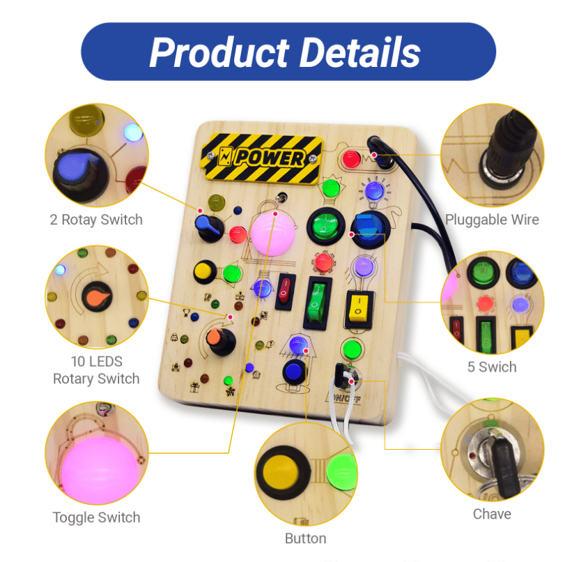 ✨Montessori Wooden Sensory Busy Board – Square-Shaped Interactive Toy with Switches, LEDs & Pluggable Wires | Educational STEM Toy for Toddlers to Develop Fine Motor Skills!🧠