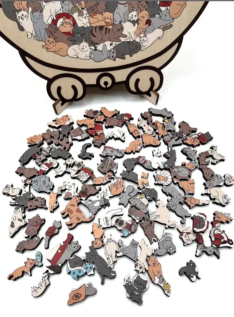 🎁🎄 Early Christmas Pick 🎅135-Piece Morandi-Colored Cat Shaped Wooden Jigsaw Puzzle