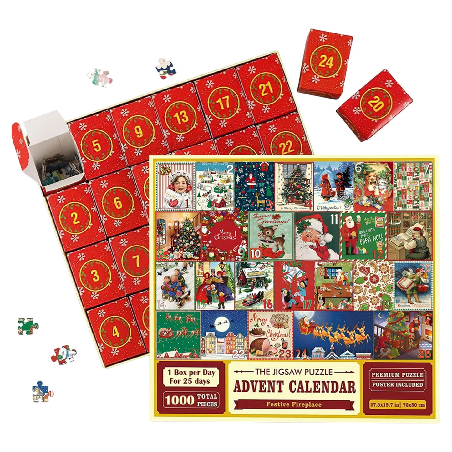 ✨Christmas Countdown Calendar Jigsaw Puzzle – 1000pcs Festive Daily Surprise Puzzle with 24 Holiday Boxes | Cozy Village Scene for Family Xmas Fun & Decor!🎄