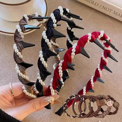 ✨Retro Beaded Claw Headband Set – Vintage-Inspired Hair Accessory with Pearl & Fabric Detail | Stylish Hair Hoop for Women, Perfect for Daily & Party Looks!👑