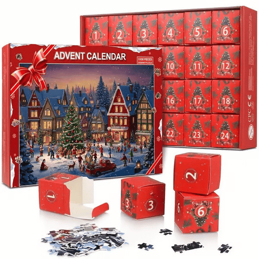 ✨Christmas Countdown Calendar Jigsaw Puzzle – 1000pcs Festive Daily Surprise Puzzle with 24 Holiday Boxes | Cozy Village Scene for Family Xmas Fun & Decor!🎄