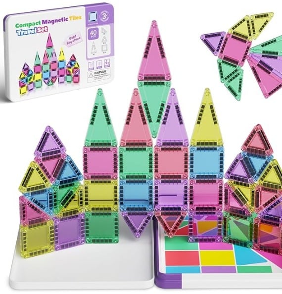🎁Big Sale 🔥🧲42-Piece Mini Magnetic Tiles Travel Set with Metal Storage Box - Portable STEM Building Blocks