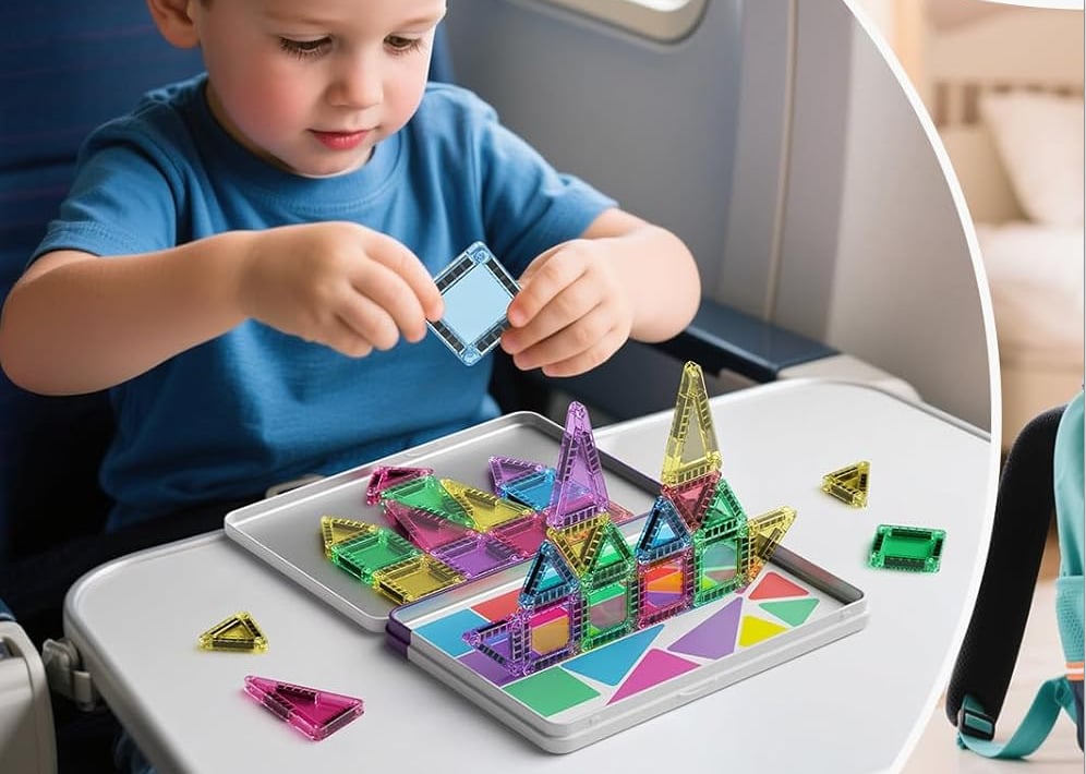 🎁Big Sale 🔥🧲42-Piece Mini Magnetic Tiles Travel Set with Metal Storage Box - Portable STEM Building Blocks